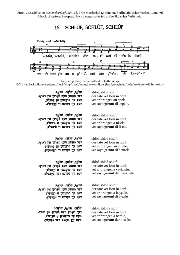 Songsheet of the song Shlof shlof shlof including music and lyrics in Yiddish and transliteration